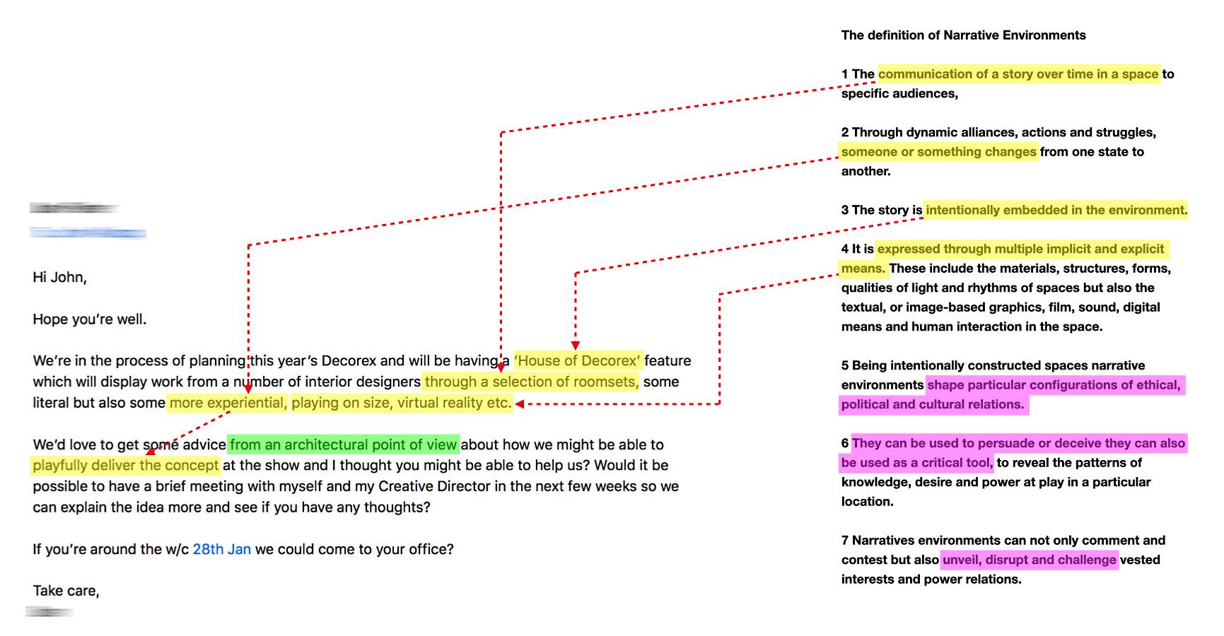 Email invitation (left) and definition of narrative environments (right)