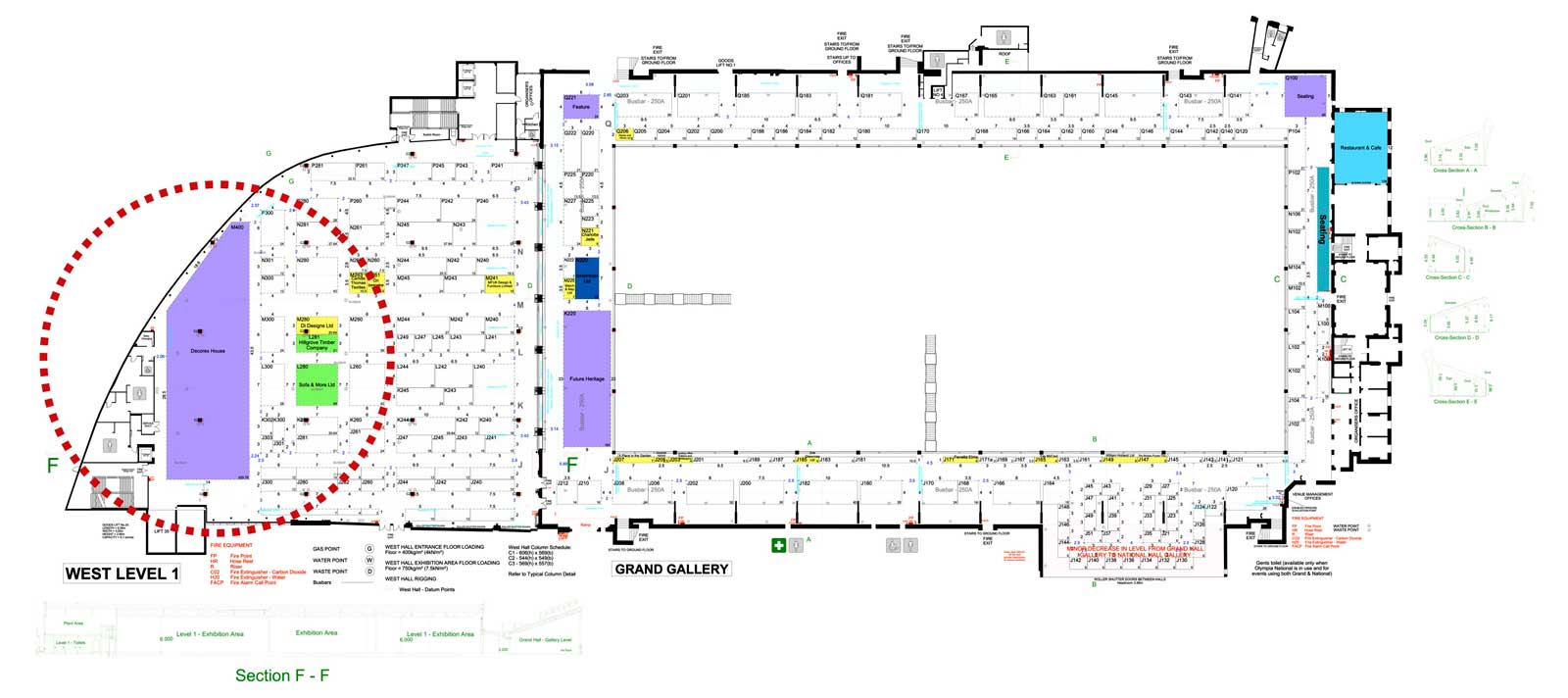 London Olympia floor plan - installation footprint circled / lavender