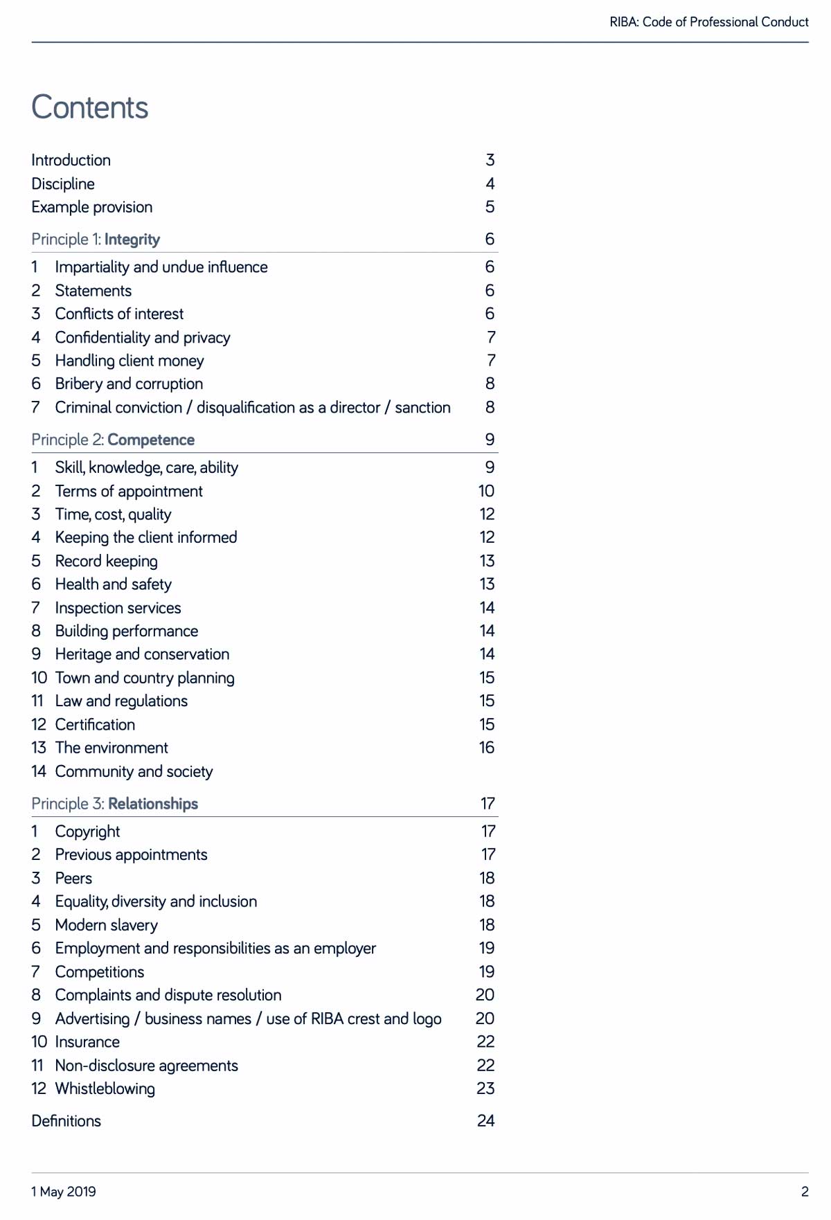 Contents of the RIBA Code of Professional Conduct