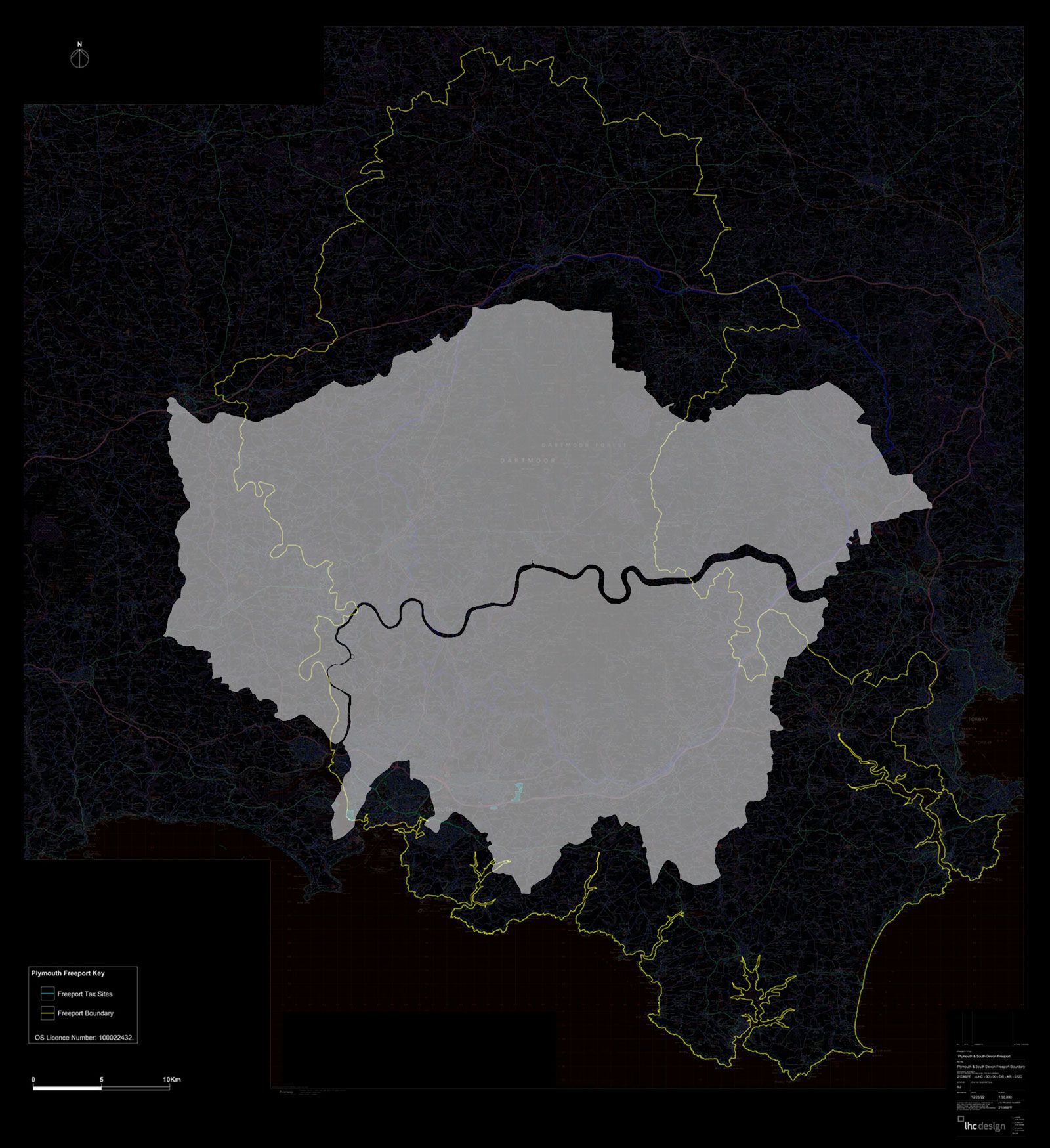 The size of Plymouth and South Devon Freeport (yellow outline) vs Greater London