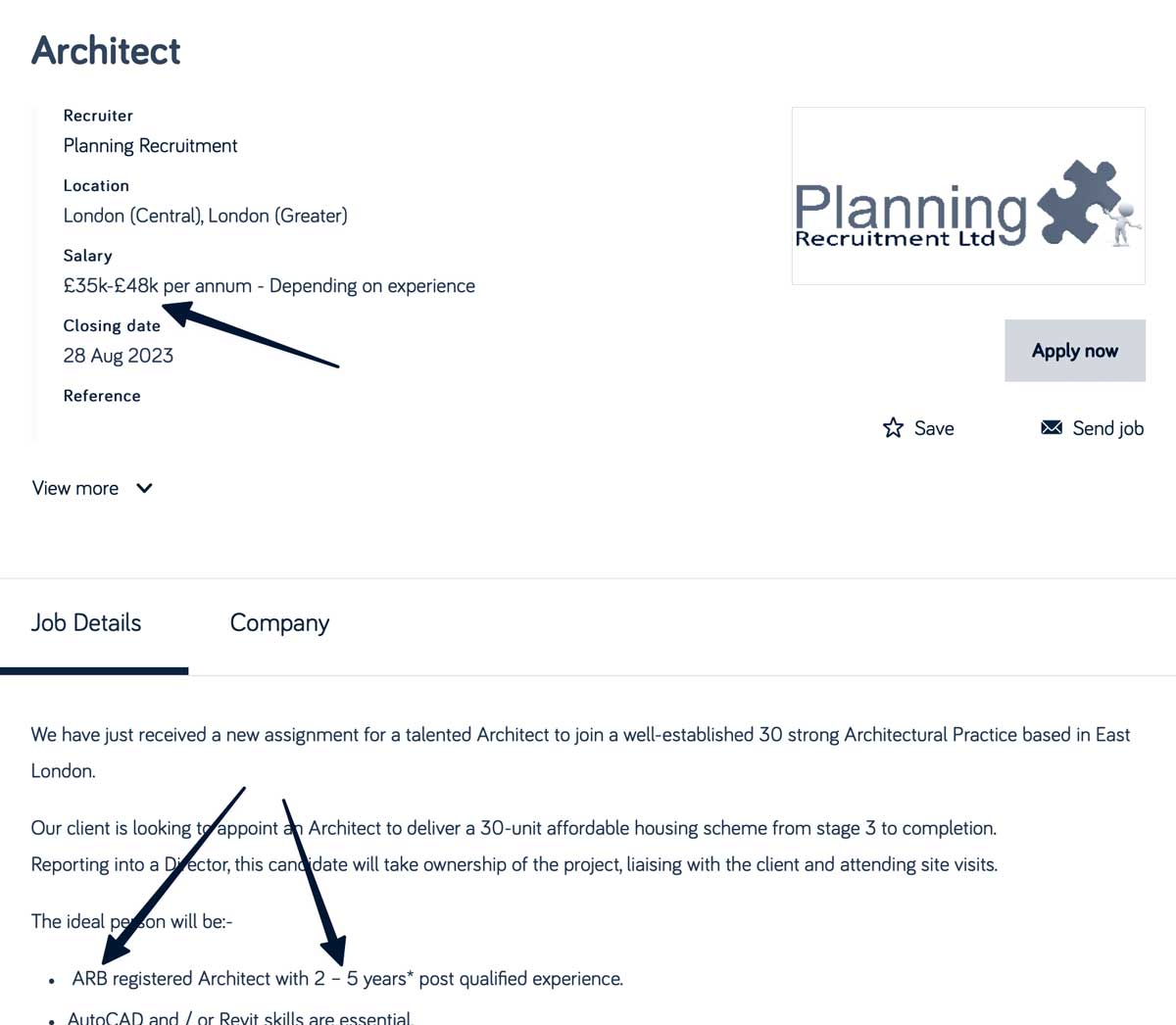 Job advertisement for a qualified architect (London, 2023)